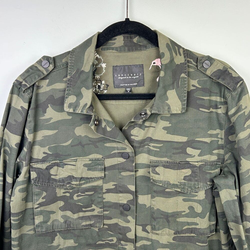 Sanctuary Fray Hem Utility Jacket Green Camo Cotton Canvas Snap Front Military M - Picture 3 of 13